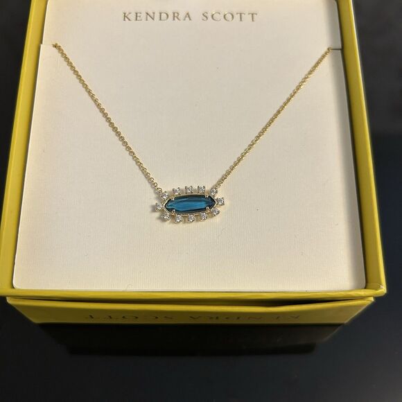 Kendra Scott‎ Eva Framed Pendant Necklace Blue Glass 14k Gold Plated Dainty - Picture 2 of 5